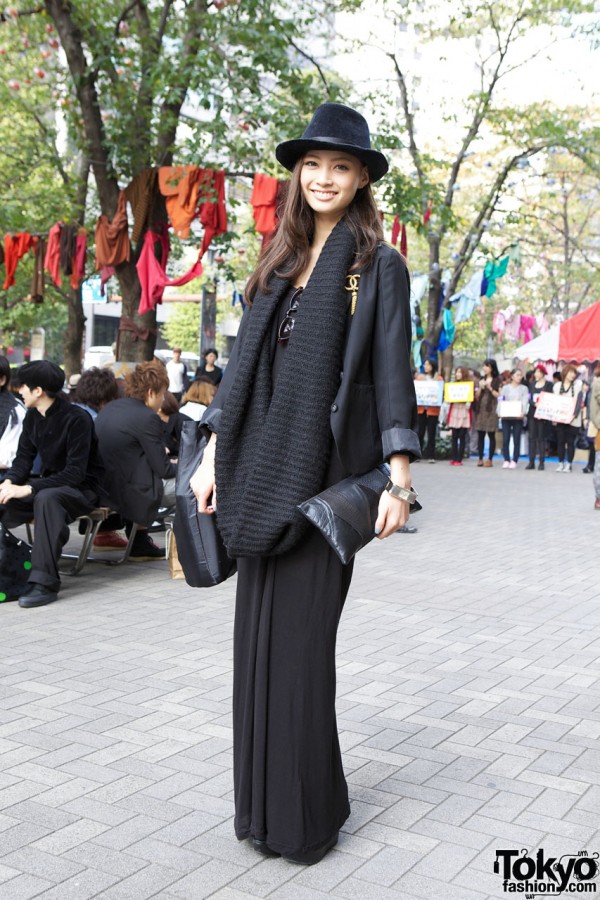 Stylish & Smiling Tokyo Girl w/ H&M Dress, Cowl Scarf & Nasty Gal Watch
