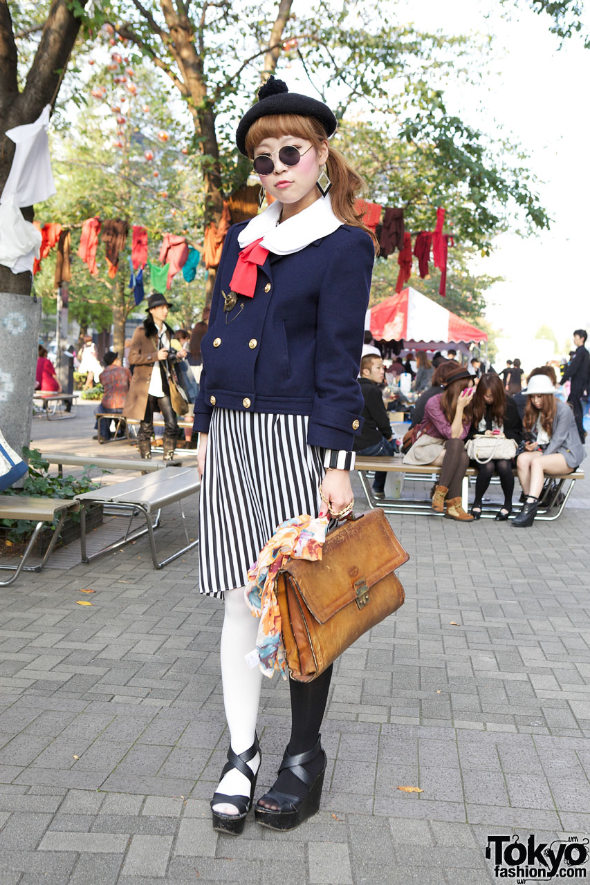 Shinjuku Girl's Nautical Jacket, Beret with Pom Pom & Two-Tone Tights
