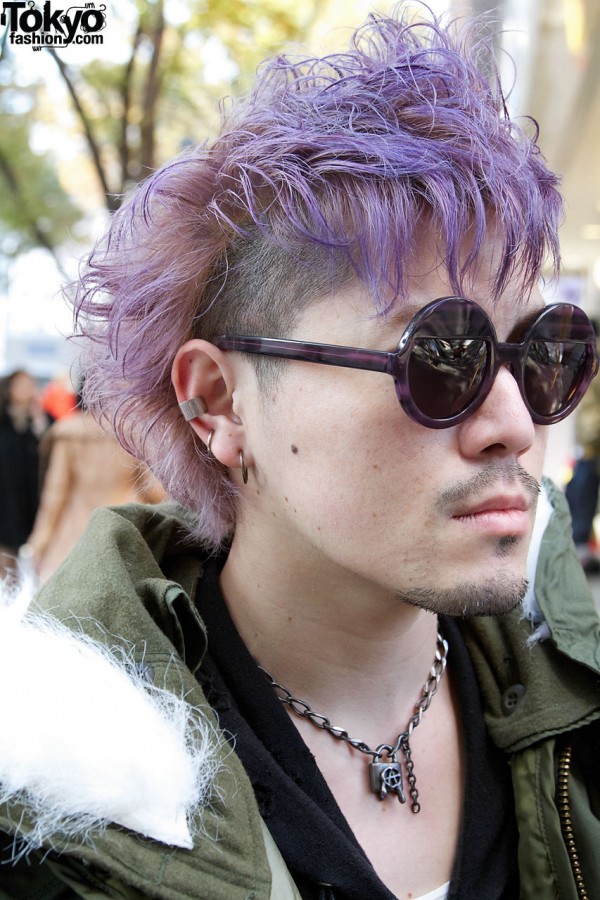 Purple air, round sunglasses & ear clip in Harajuku