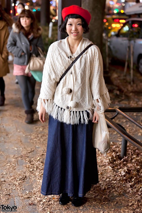 Cable Knit Sweater & Long Denim Skirt