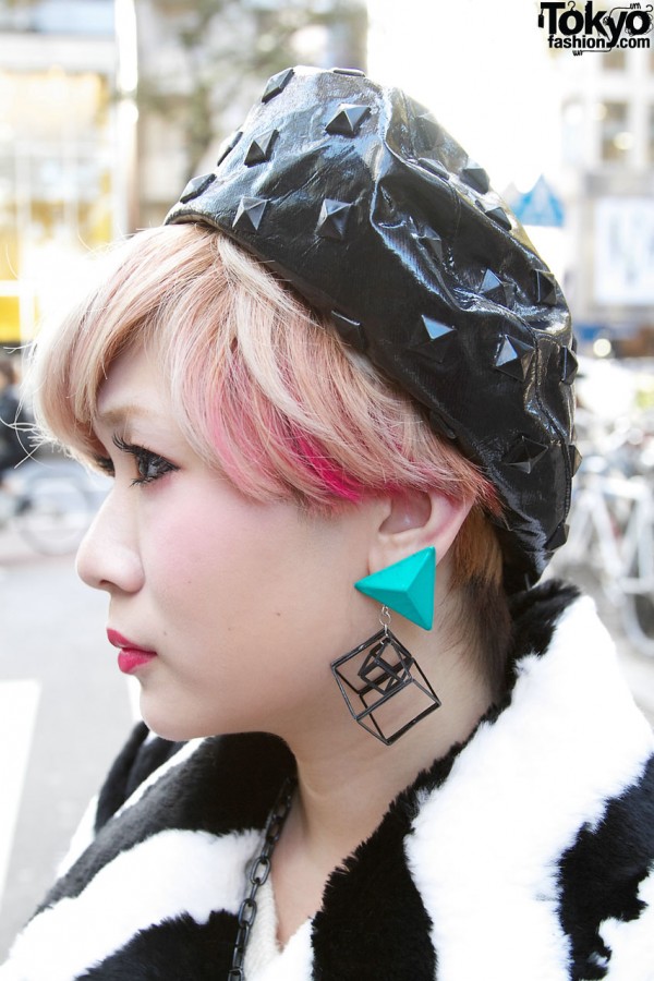 Vinyl beret & handmade earrings in Harajuku