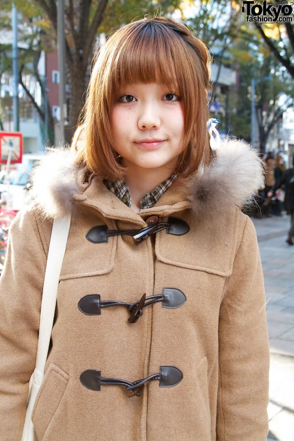 Toggle coat with fur trim in Harajuku