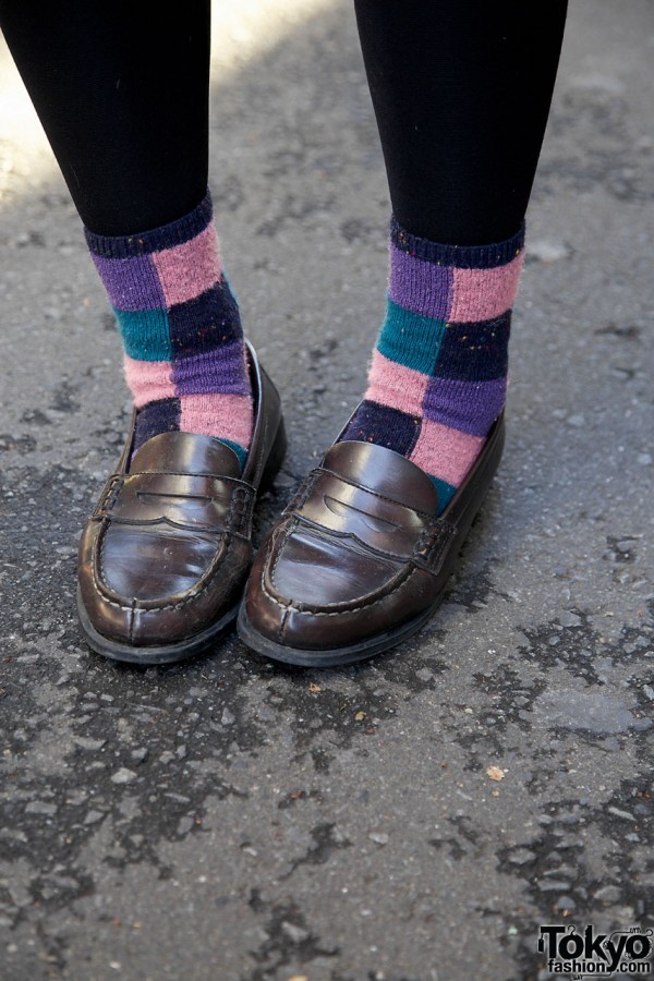 Color block socks & penny loafers in Harajuku
