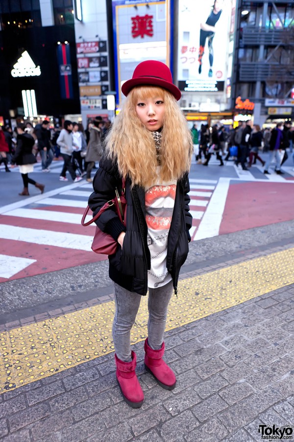 Blonde Shibuya Girl w/ Red Hat, Red Boots & Acid Wash Skinny Jeans