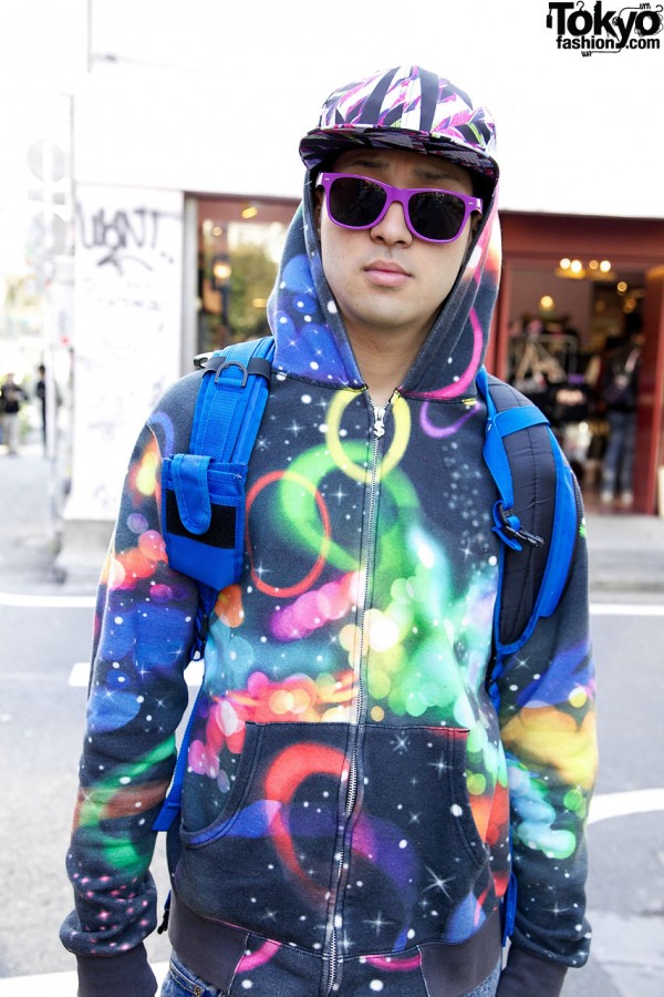 Phenomenon hoodie & purple sunglasses in Harajuku