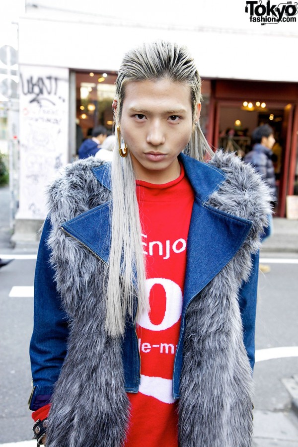 Guy with long silver hair & furry jacket in Harajuku