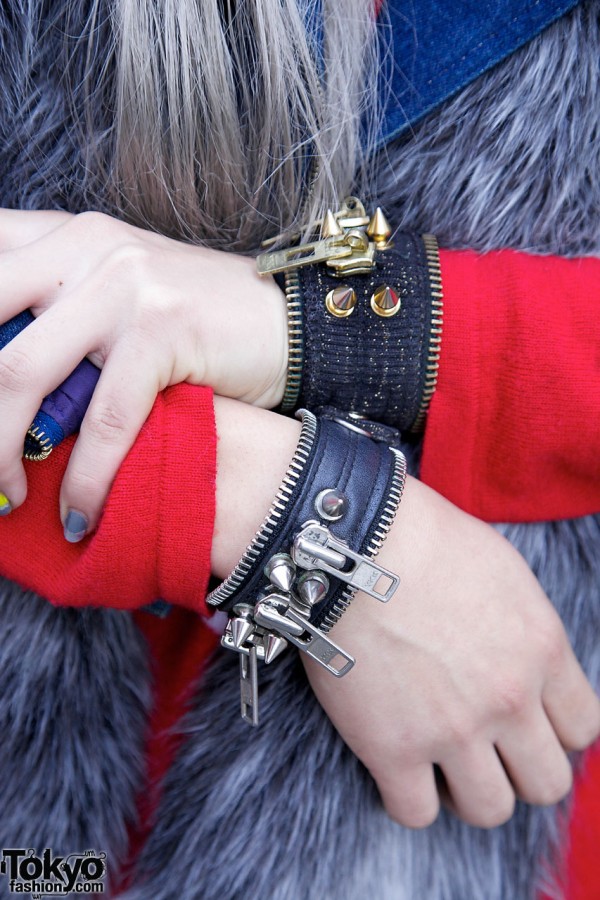 Wristbands with zipper hardware & spikes in Harajuku