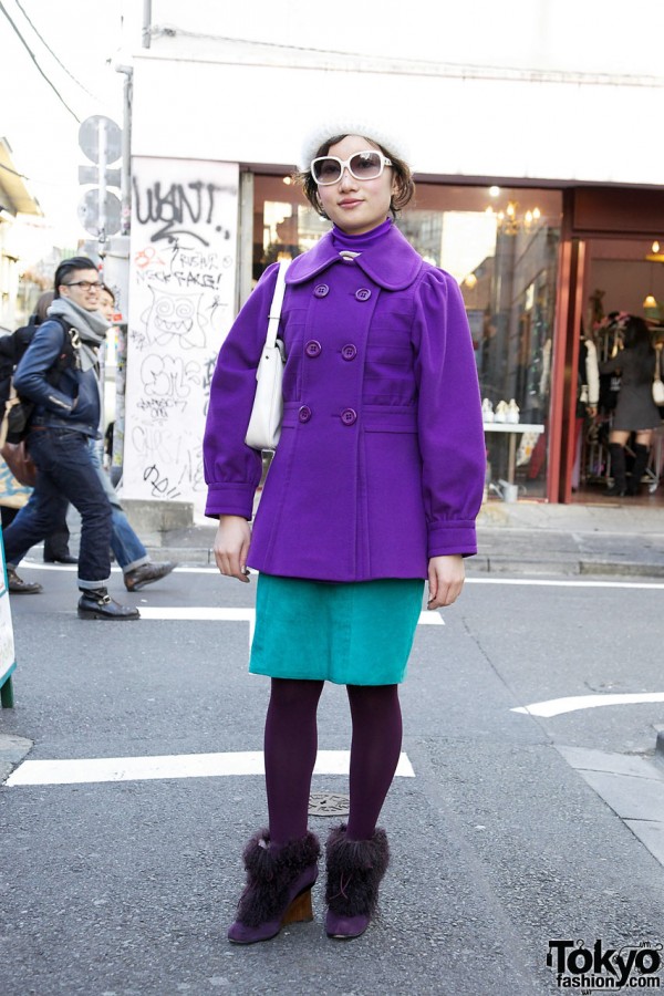 Purple Quatre-Vents Coat & Furry Purple MANA boots in Harajuku