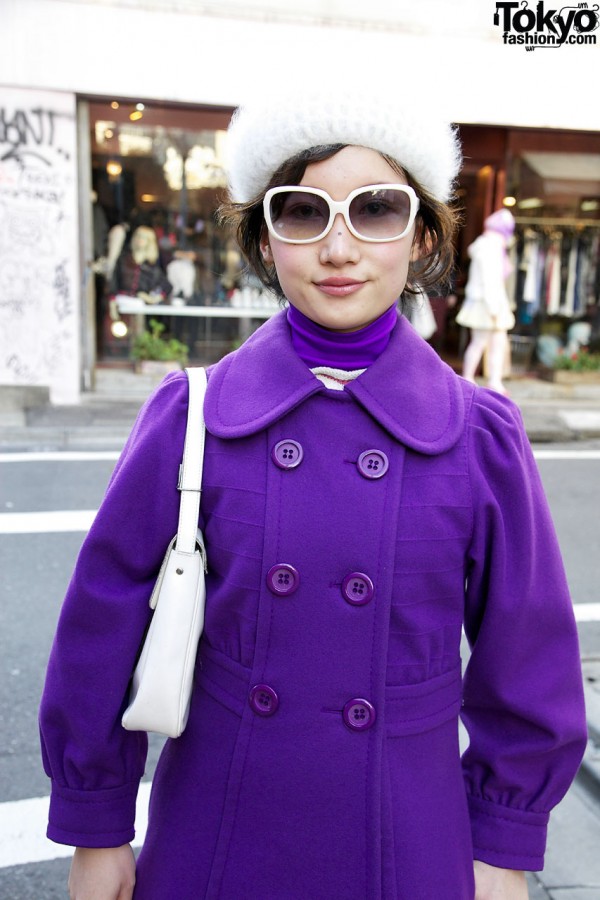 White knit hat w/ purple coat from Quatre-Vents