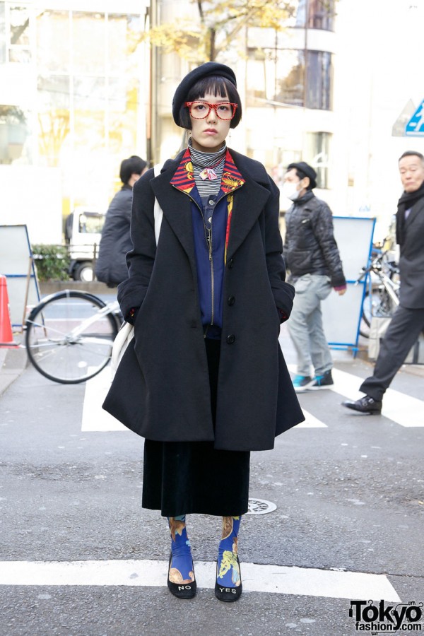 Harajuku Girl’s Black Beret, Comme Ca Ism Coat & Yes/No Shoes