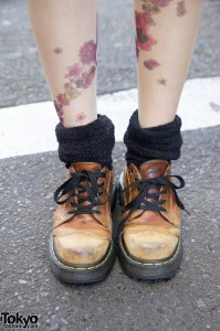 Flowered tights, fuzzy socks & Dr. Martens shoes in Harajuku