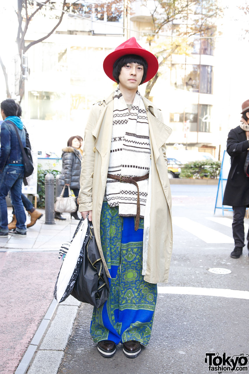 Harajuku Guy’s Red Hat & Comme des Garcons Homme Trench Coat – Tokyo ...