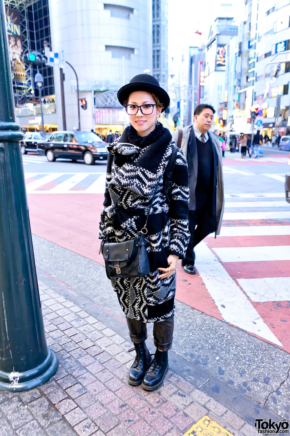 Shibuya Girl in Glasses, Bowler Hat, Long Knit Sweater & Boots