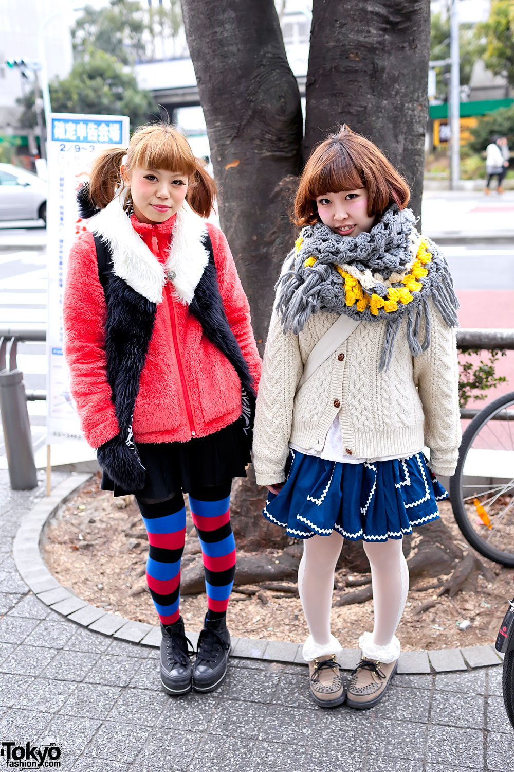 Cute Hairstyles, Cable Knit Sweater, Fuzzy Vest & Striped Socks in Shibuya