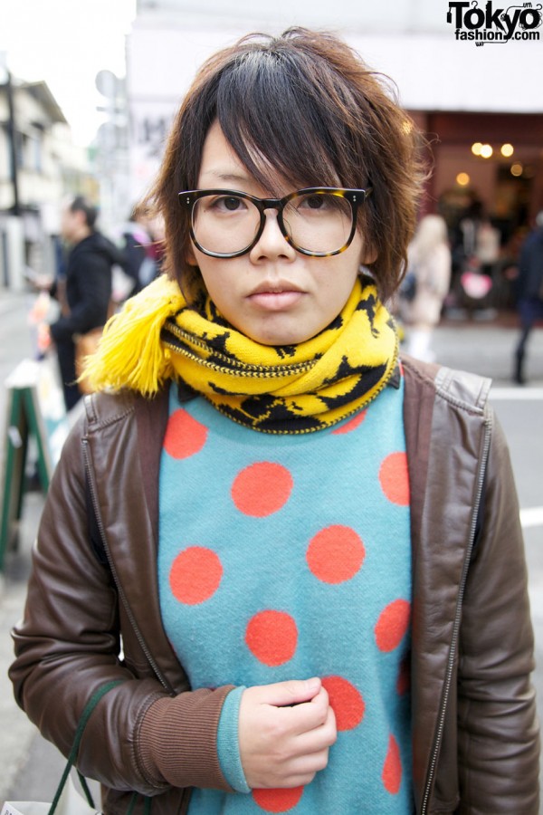Yellow scarf & resale polka dot top in Harajuku