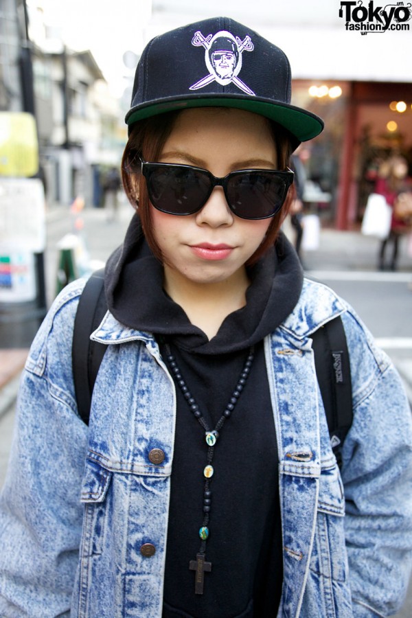 Black hat, big sunglasses & rosary necklace in Harajuku