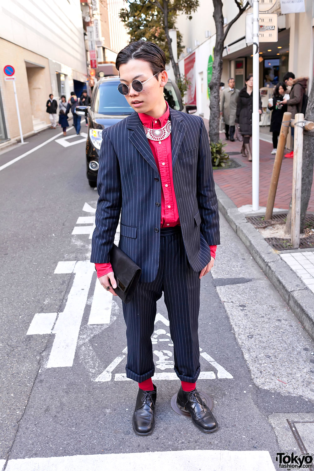 Japanese Guy's Retro Hairstyle & Pinstripe Suit in Shibuya