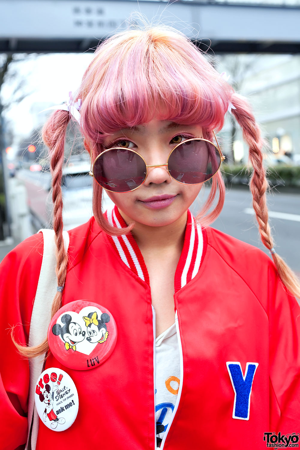Pink Braids Disney Jacket And Torn Stockings In Harajuku Tokyo Fashion