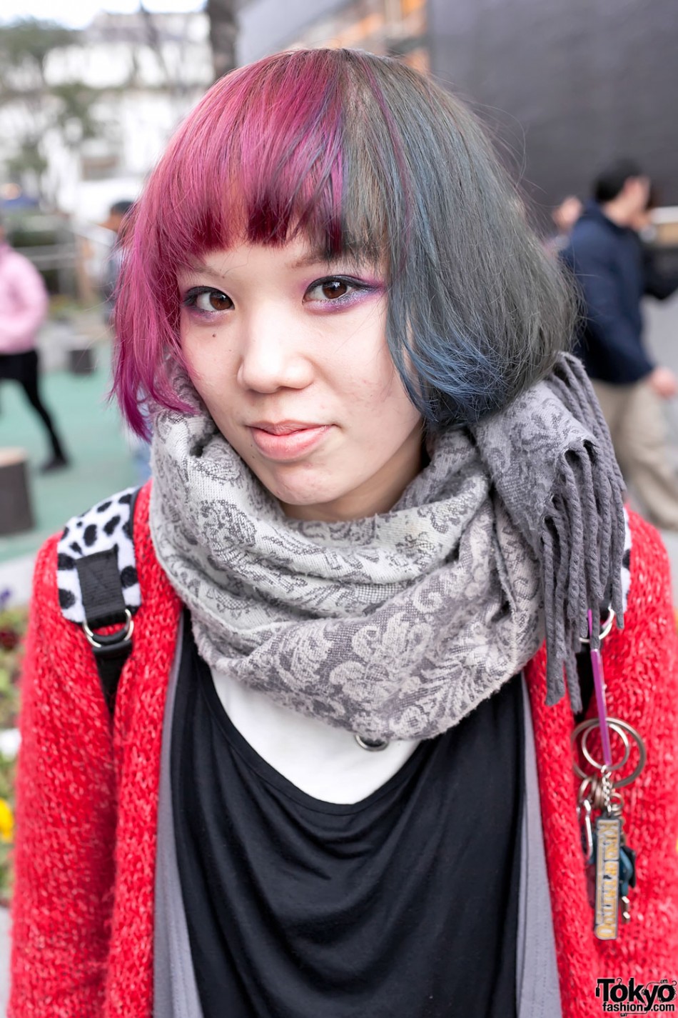 Harajuku Girl’s Red & Blue Hair, Oversized Cardigan & Sneakers – Tokyo ...