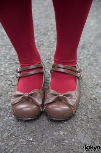 Maroon tights & Mary Jane shoes w/ bows