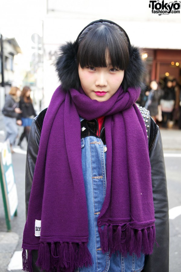 Fur earmuffs & Sly purple scarf in Harajuku