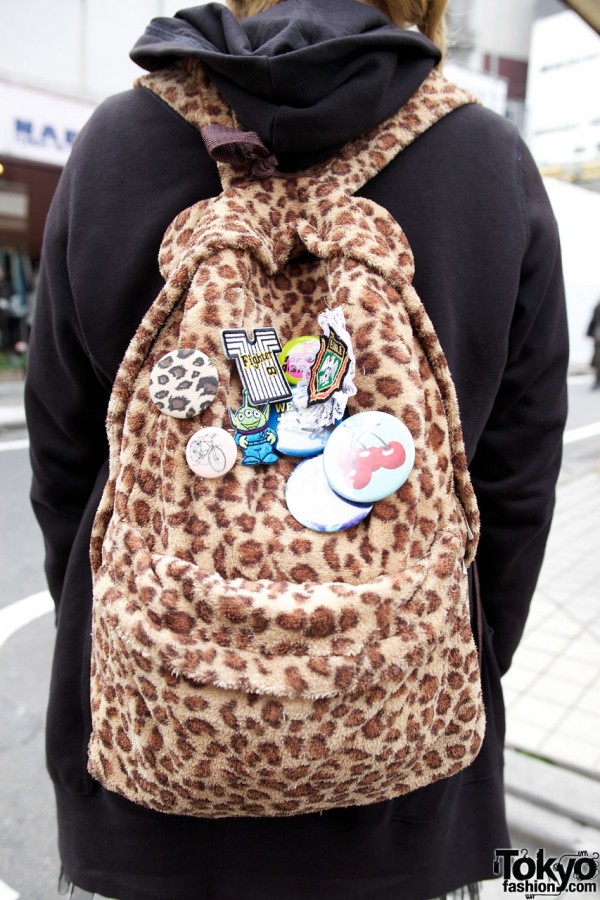 Leopard print backpack w/ buttons & patches