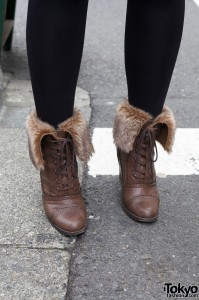 Black tights & fur-lined boots in Harajuku