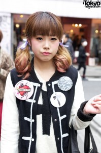 Twin ponytails w/ black & white jacket