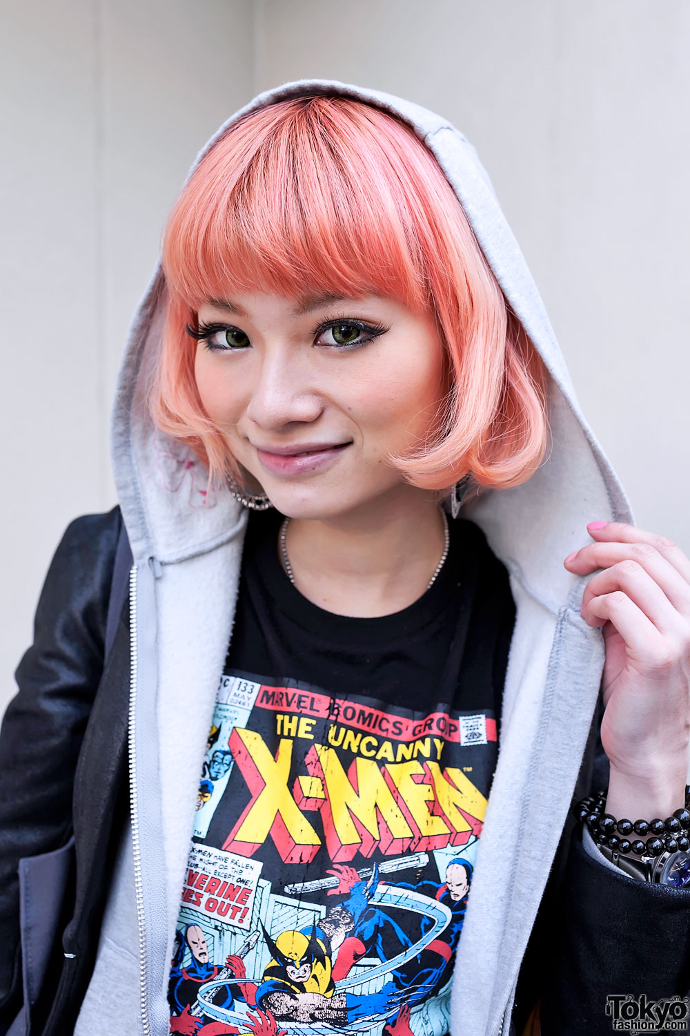 Pink Hair, X-Men Top, Skeleton Tights & LV in Harajuku – Tokyo Fashion