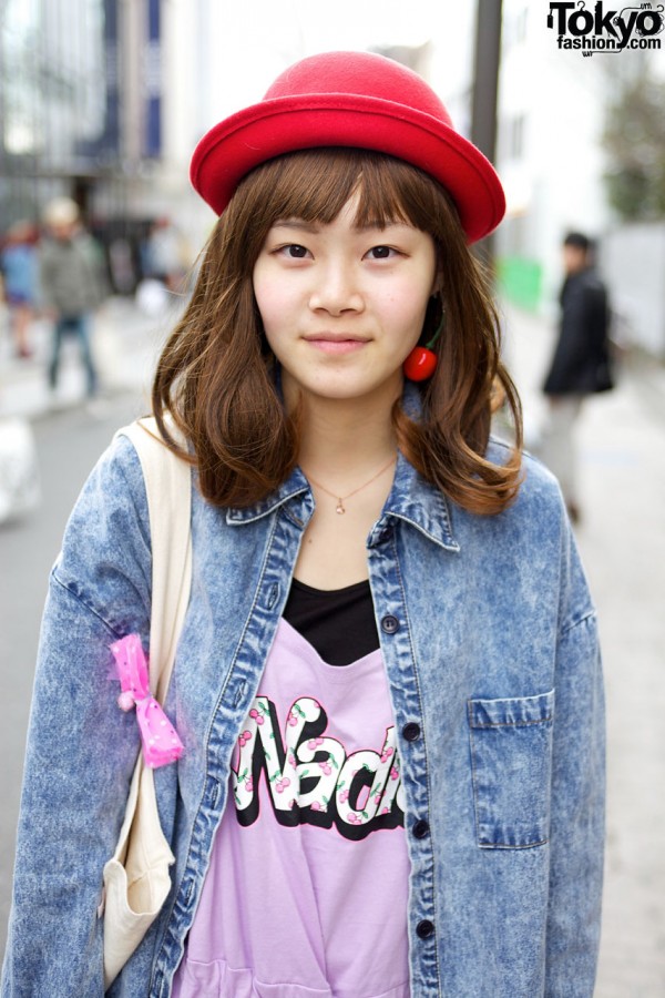 Red hat, cherry earring & Nadia logo dress