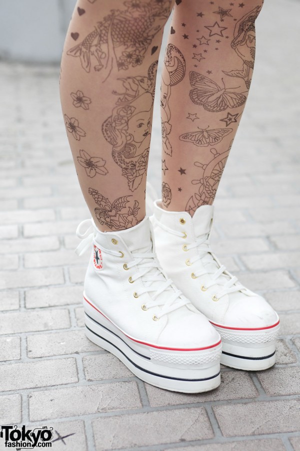Tattoo tights & white platform sneakers