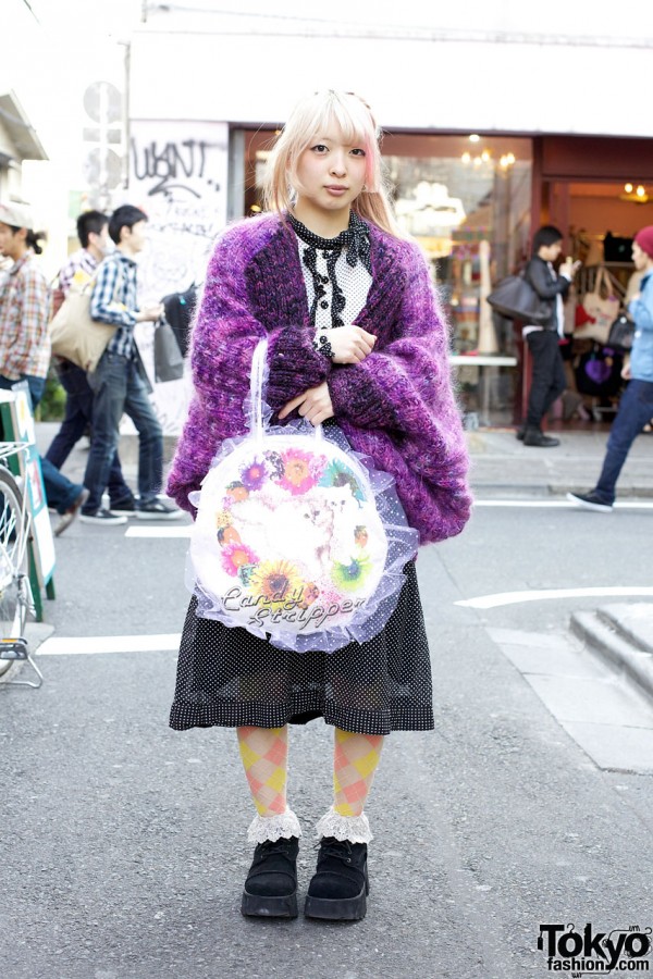Pink Hair, Argyle Tights & Cute Candy Stripper Cat Bag in Harajuku