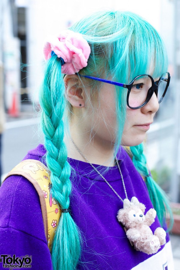 Bright Blue Braids Hairstyle in Harajuku