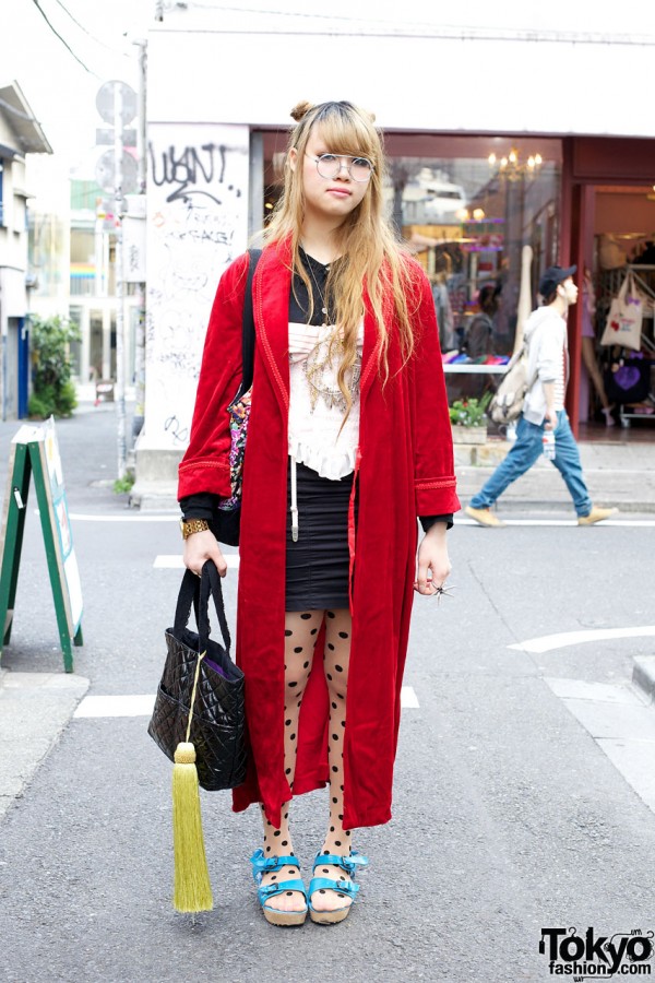 Girl’s Red Velvet Robe, Lace Corset & Polka Dot Tights