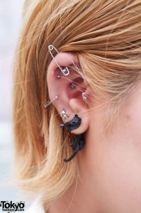 Safety pin piercings, cat earring & ear studs