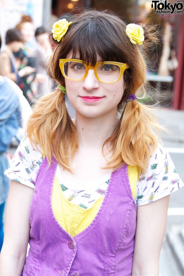 Flower Hair Clips & Yellow Glasses in Harajuku