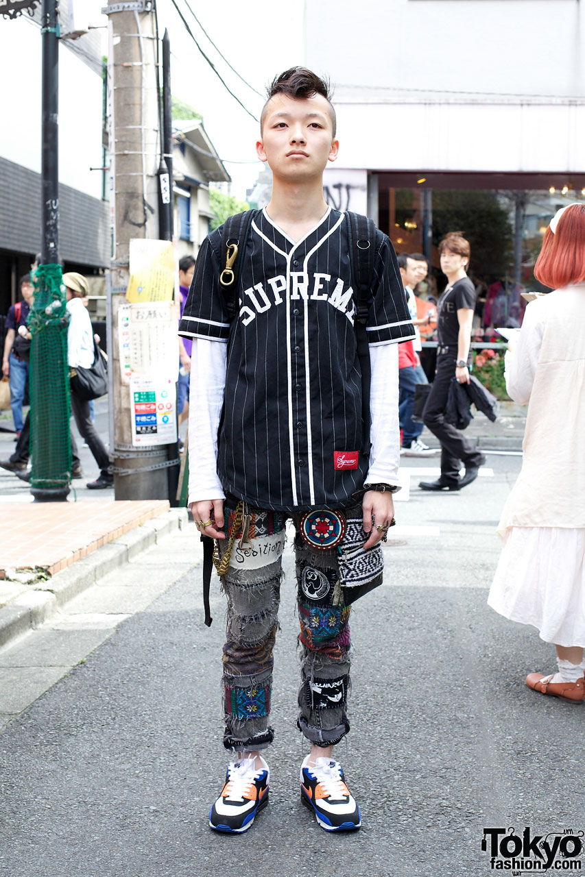 Mohawk Hair, Supreme Baseball Shirt & Handmade Patched Jeans – Tokyo
