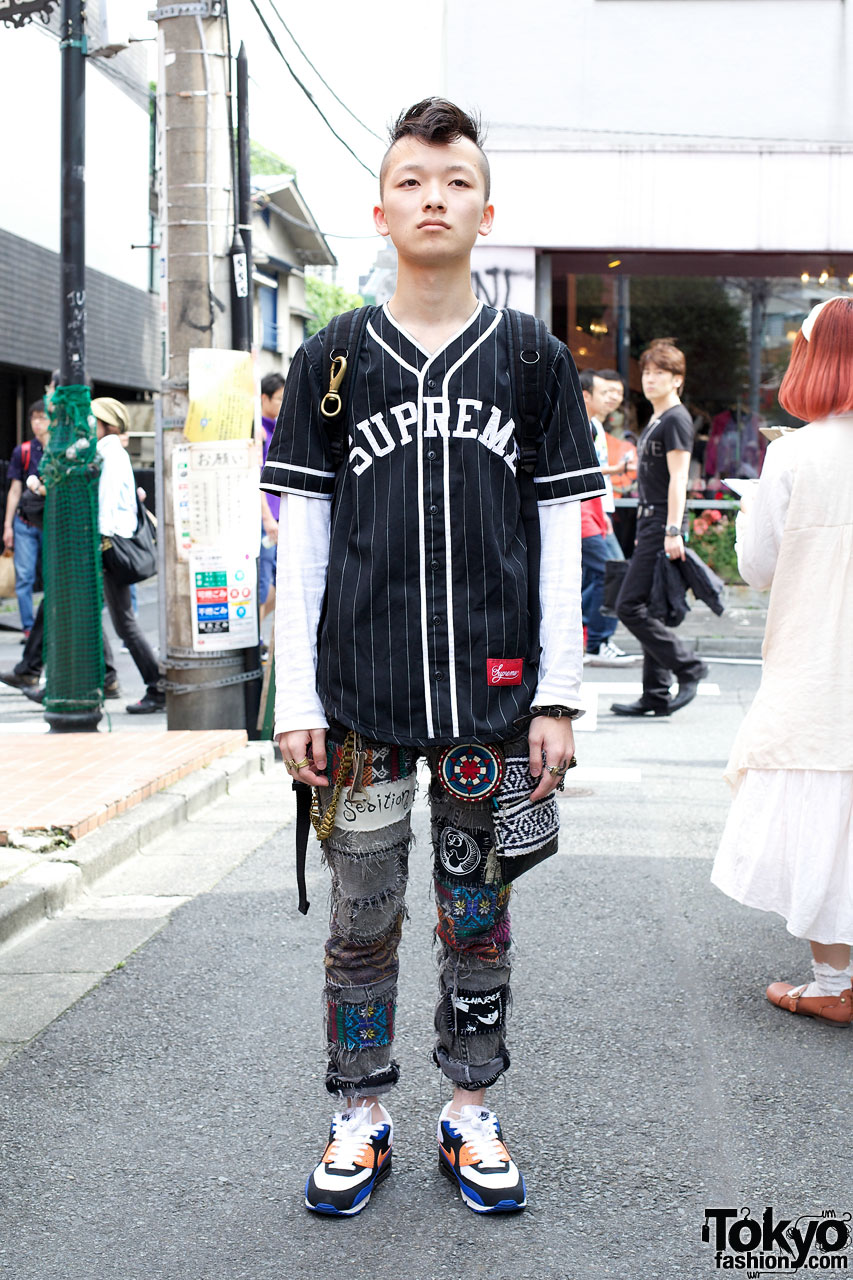 Mohawk Hair, Supreme Baseball Shirt & Handmade Patched Jeans