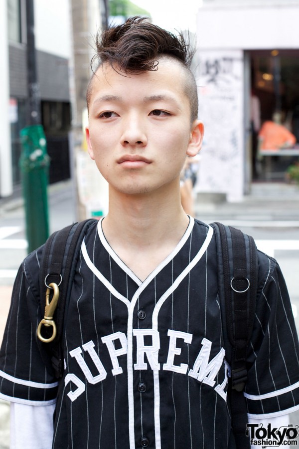 Mohawk Hair, Supreme Baseball Shirt & Handmade Patched Jeans – Tokyo