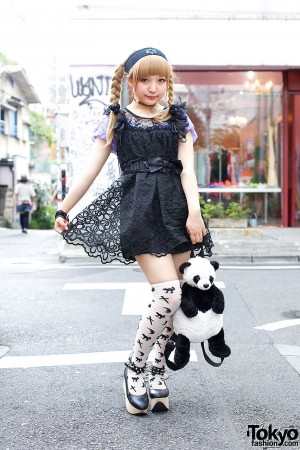 Cute Panda w/ Harajuku Girl in Braids, Lace Dress & Candy Stripper ...