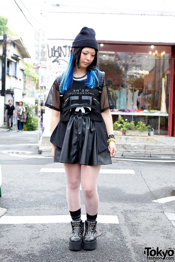 All Black Outfit w/ Blue Hair, Studs, Faux Leather & Monomania