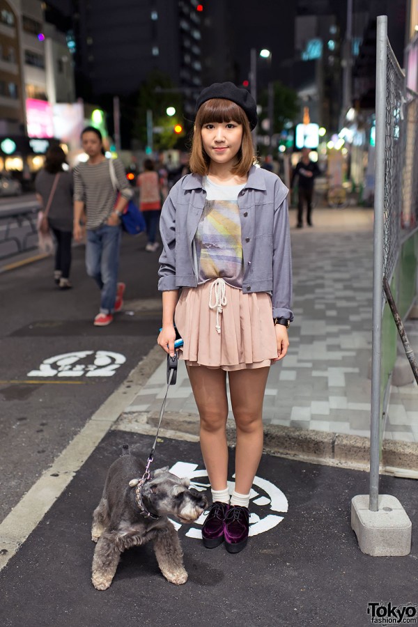 Girl w/ Purple Suede Platforms & Cute Dog in Harajuku at Night