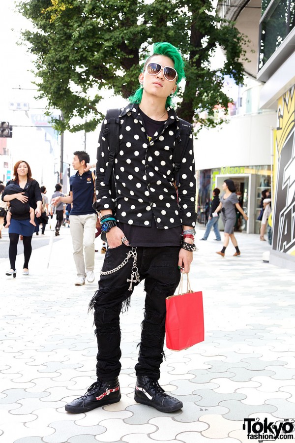 Beauty School Student w/ Green Shaved Hair in Polka Dots & Vans Sneakers