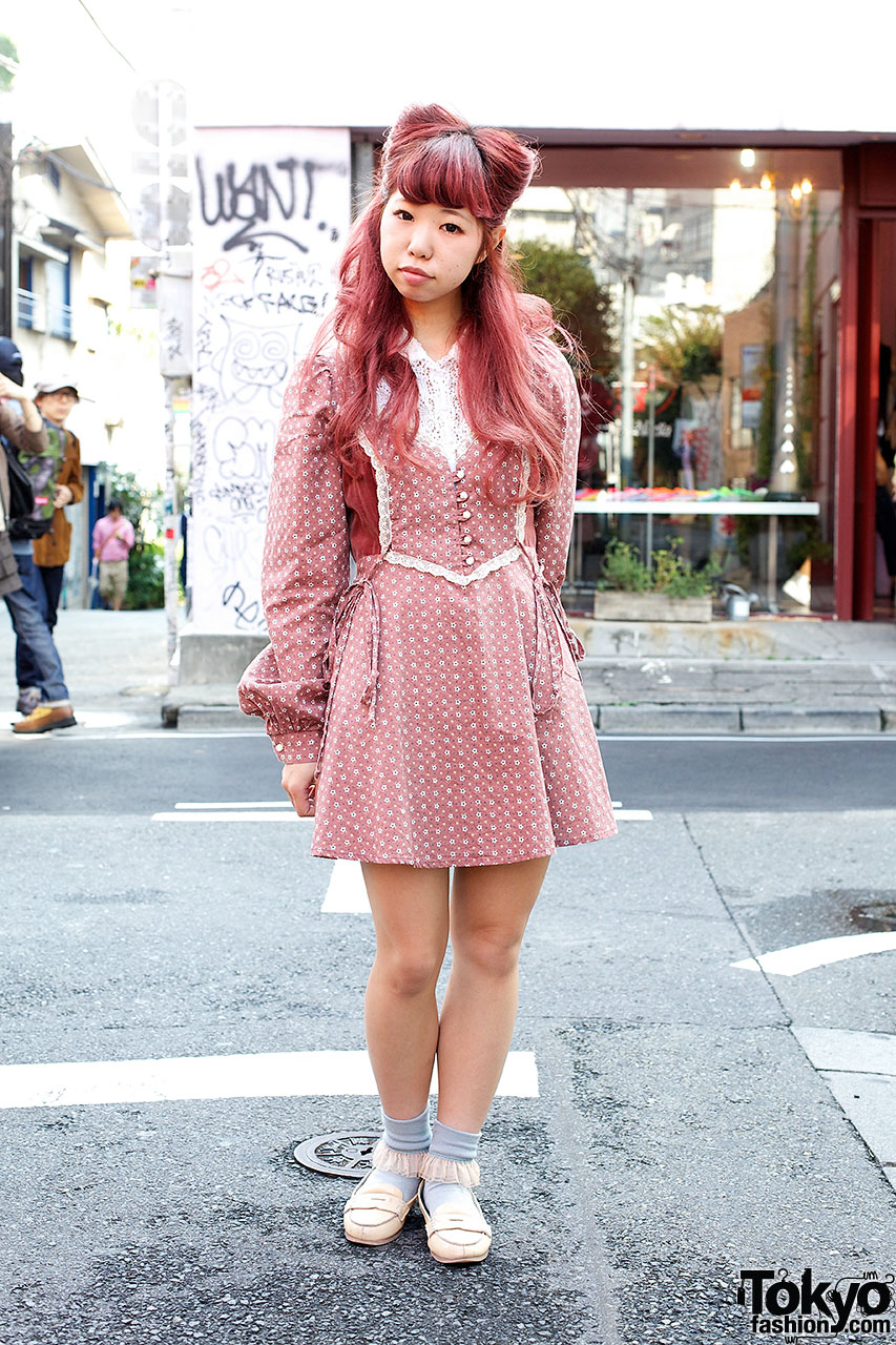 Pink Nekomimi Hairstyle, Gunne Sax Dress & Loafers in Harajuku – Tokyo ...