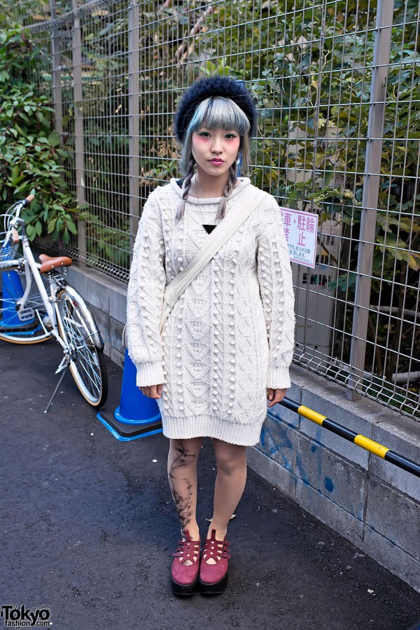 Lavender-Blue Hair, Cable Knit Sweater & Tattoo Tights in Harajuku