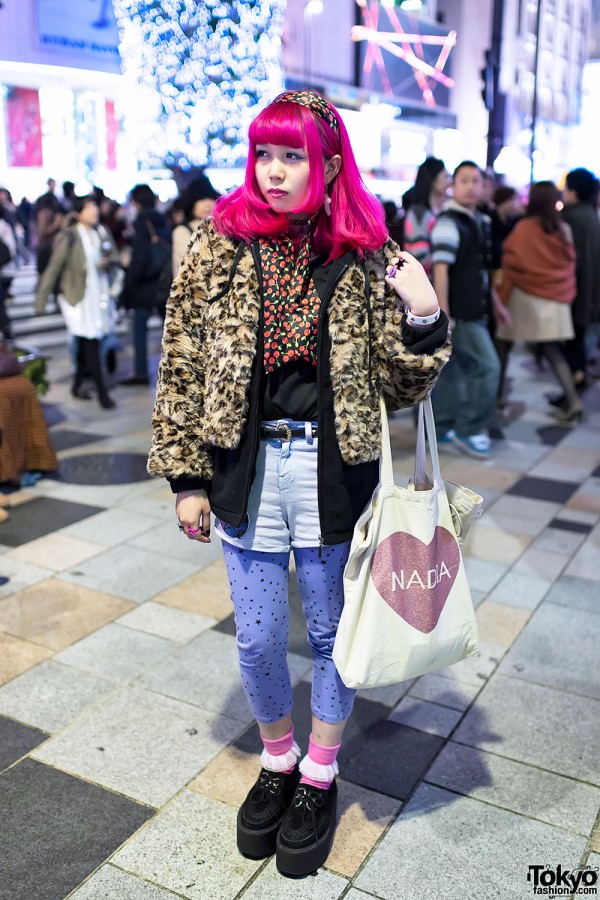 Pink Hair, Leopard Coat, Cherry Headscarf & Creepers in Harajuku