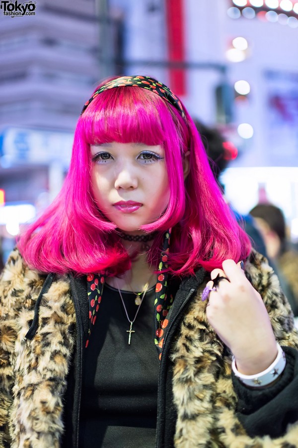 Pink Hair & Cherry Print Headscarf