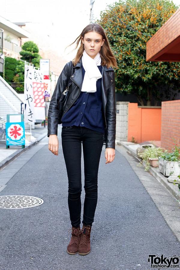 Fashion Model Sasha Baldina w/ Leather Jacket & Skinny Jeans in Harajuku