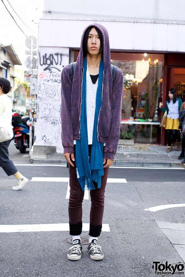 Purple Kinsella Hoodie, Skinny Jeans, Scarf & Sneakers in Harajuku
