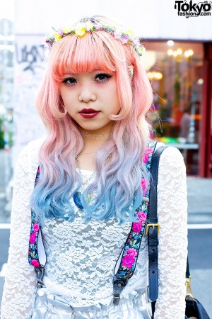 Pink-Blue Dip Dye Hair, Silver Shorts & Jeffrey Campbell in Harajuku ...